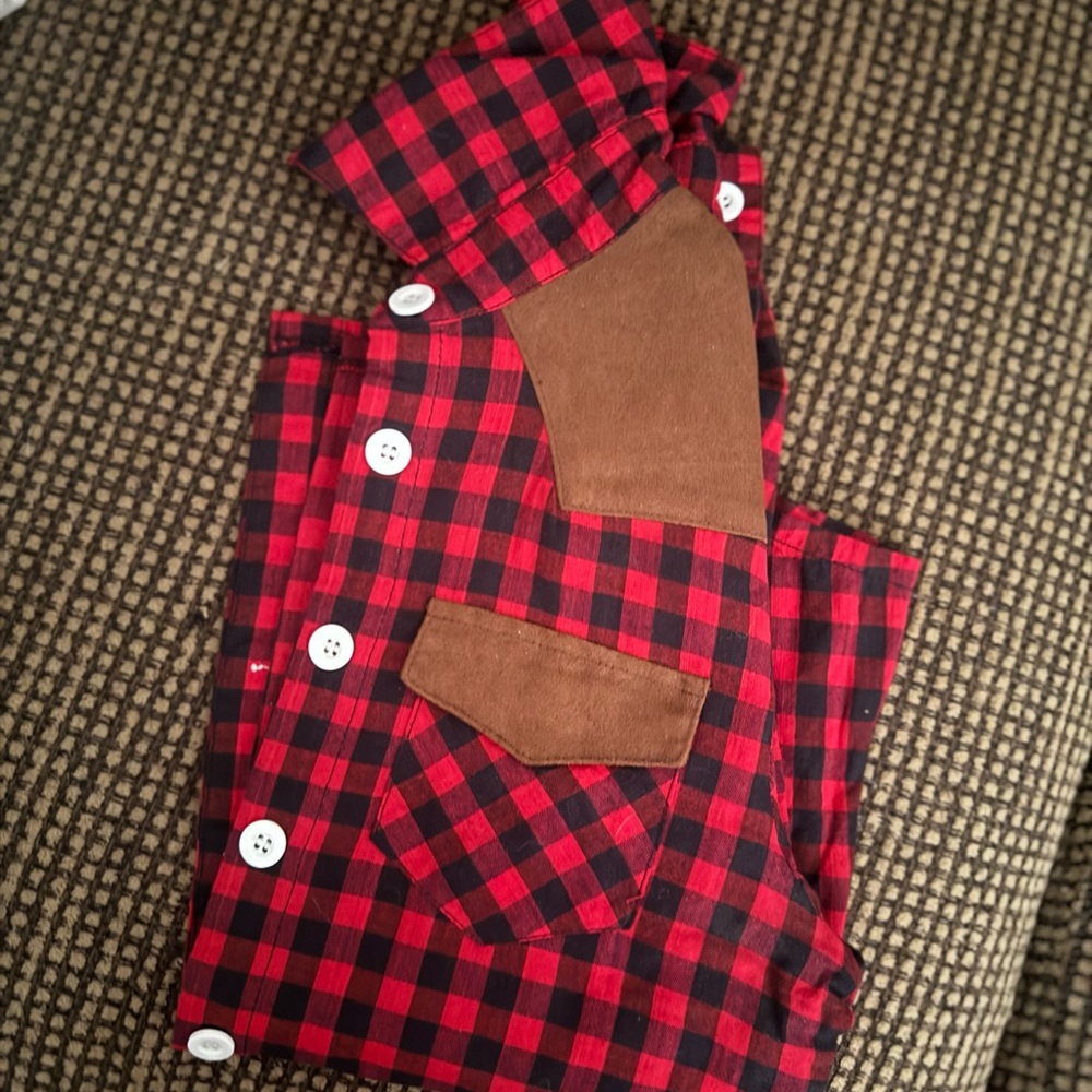 Red and Black Plaid Shirt with Brown Accents